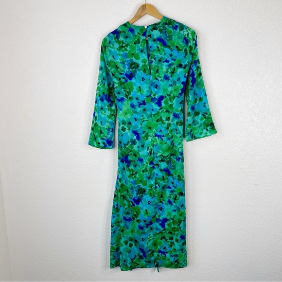 Zara Blue & Green Floral Long Sleeve Ruched Midi Dress - Picture 9 of 9
